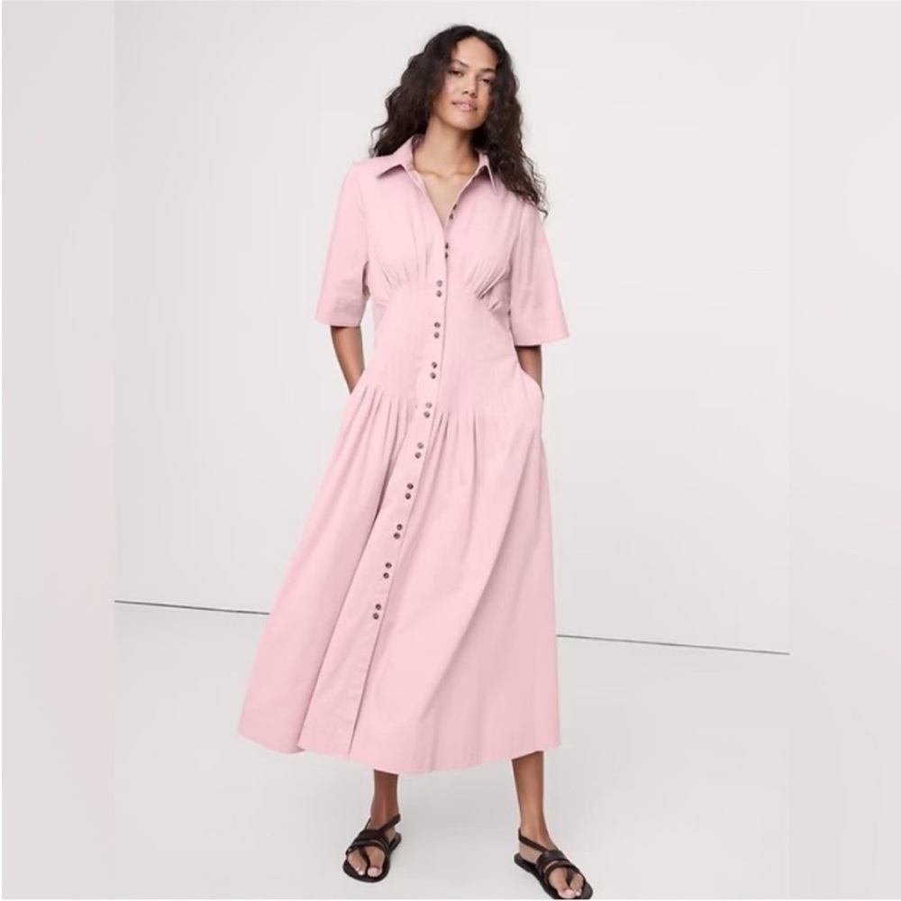 NEW! Banana Republic Pink Stretch-Cotton Poplin Pintuck Long-Midi Shirt Dress 🎻